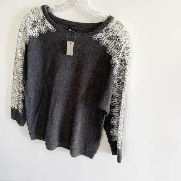 NWT J. Crew Grey Wool Lace Sleeve Sweater - Picture 3 of 7